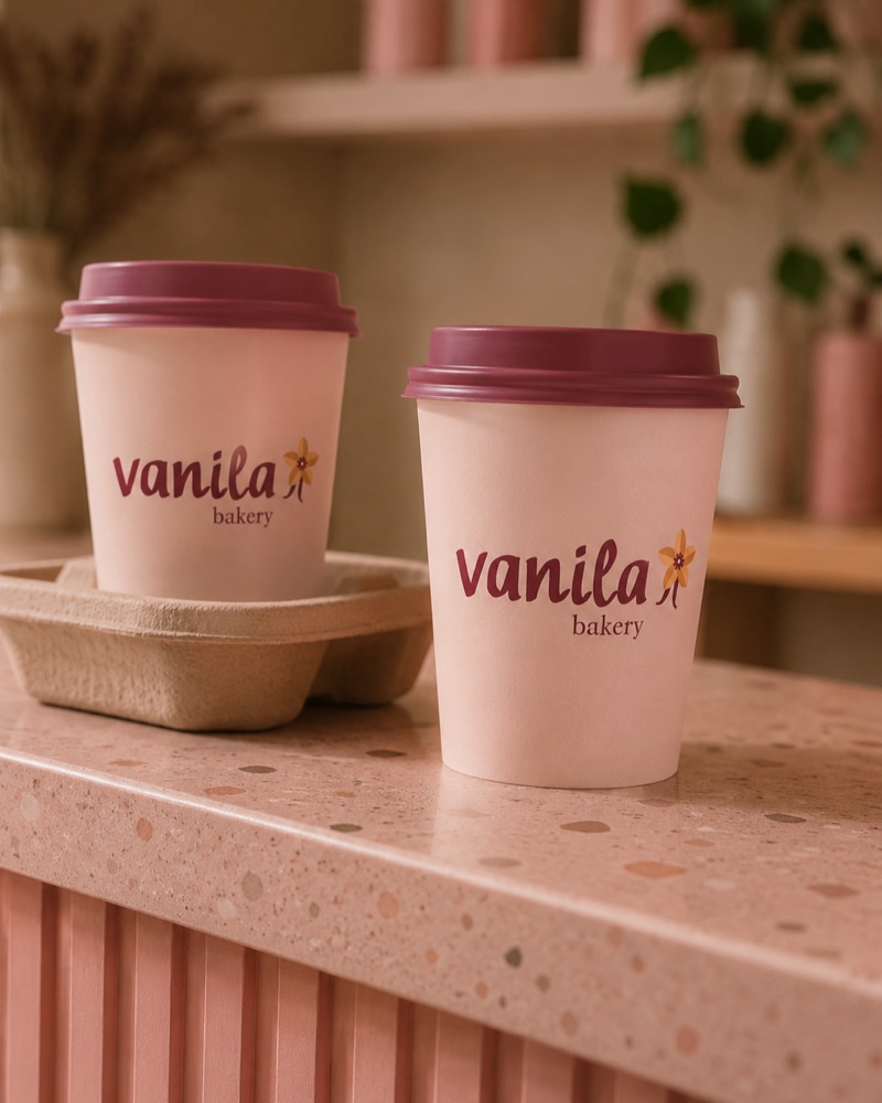 Dos vasos de café de una panadería con la identidad de marca aplicada, sobre un mostrador de terrazo.